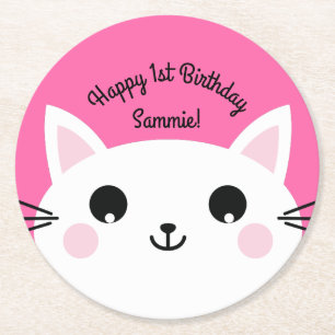 Cat Cute Kitty Kid's Birthday Party Theme Round Paper Coaster
