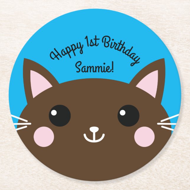 Cat Cute Kitty Kid's Birthday Party Theme Round Paper Coaster (Front)
