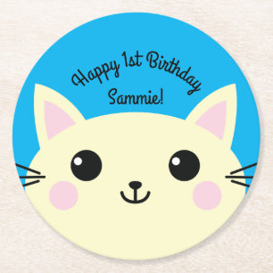Cat Cute Kitty Kid's Birthday Party Theme Round Paper Coaster