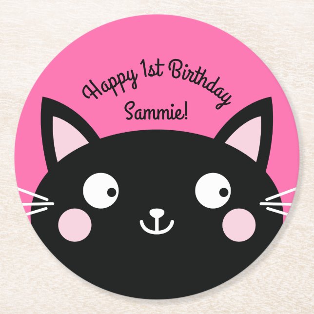 Cat Cute Kitty Kid's Birthday Party Theme Round Paper Coaster (Front)