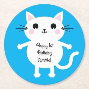 Cat Cute Kitty Kid's Birthday Party Theme Round Paper Coaster