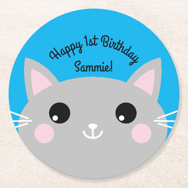 Cat Cute Kitty Kid's Birthday Party Theme Round Paper Coaster (Front)