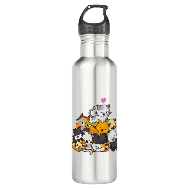 Cat Cute Kitty Pile Cats Anime Kawaii Neko Gift 710 Ml Water Bottle (Front)