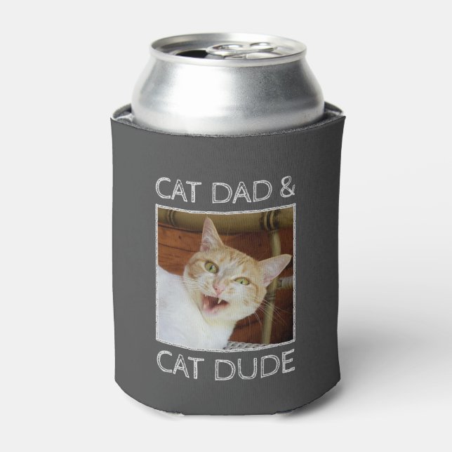 Cat Dad Dude Fathers Day Custom Text 2 Photo Grey Can Cooler (Can Front)