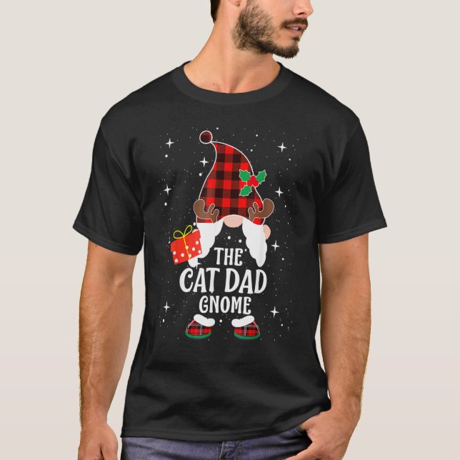 Cat Dad Gnome Buffalo Plaid Matching Family Christ T-Shirt (Front)