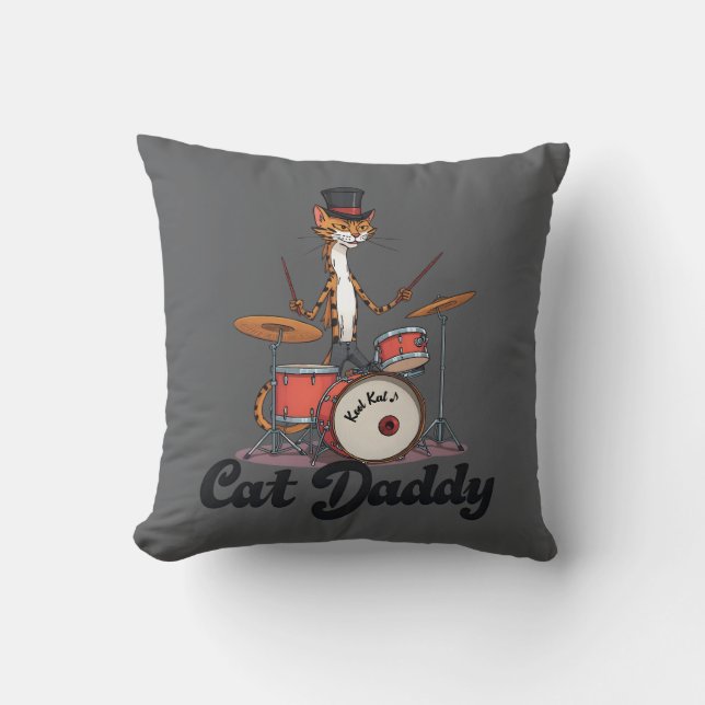 Cat Daddy Musician Drummer | Tabby Cats Art Lover Cushion (Front)