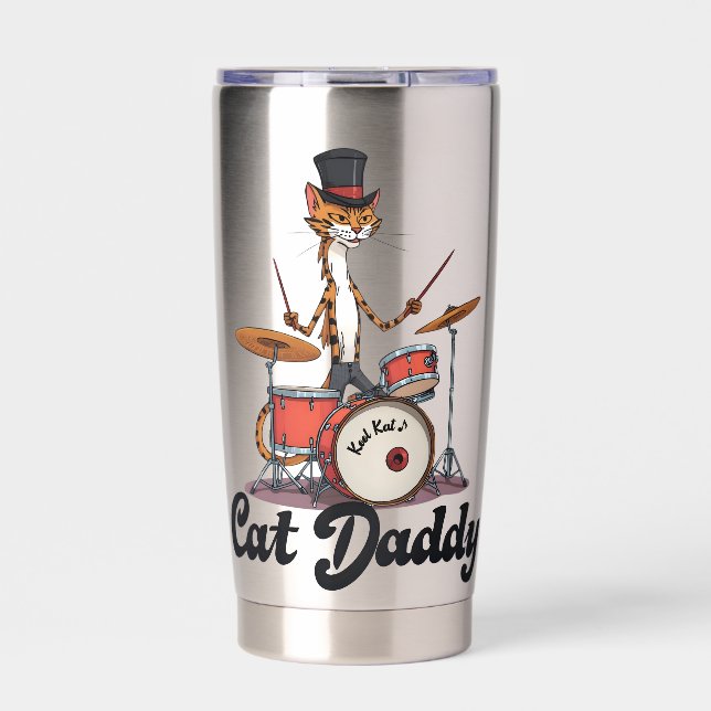 Cat Daddy Musician Drummer | Tabby Cats Art Lover Insulated Tumbler (Front)