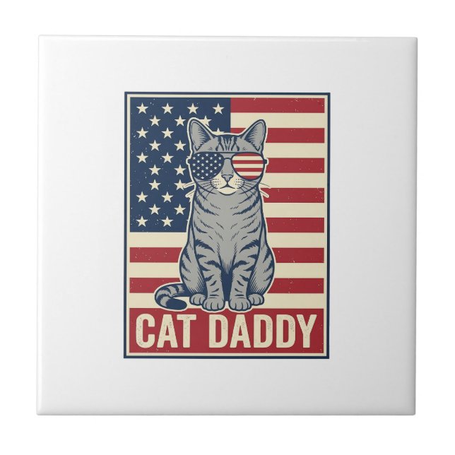 Cat Daddy Patriotic Cat Vector Design_1 Ceramic Tile (Front)