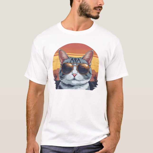 Cat Daddy Sunglasses Sunset Retro Fur Dad Papa T-Shirt (Front)