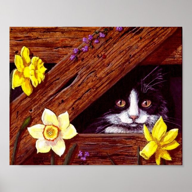 Cat Daffodils Barn Original Art Creationarts Poster (Front)