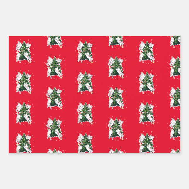 Cat Decorating Christmas Tree Wrapping Paper Sheet (Front)