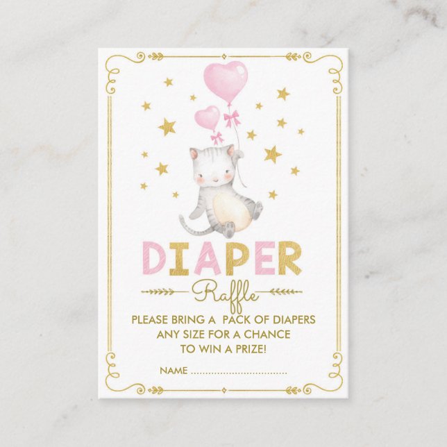 Cat Diaper Raffle Girl Kitten Pink Gold Star Baby Enclosure Card (Front)