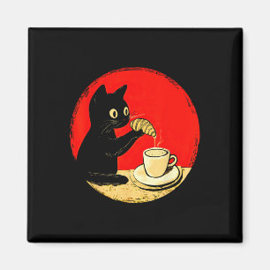 Cat Dipping Croissant In Coffee Cute Black Cat Foo Magnet