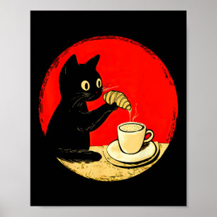 Cat Dipping Croissant In Coffee Cute Black Cat Foo Poster