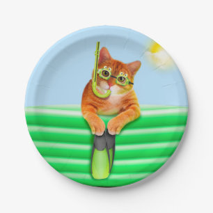 Cat diver with mask and snorkel paper plate
