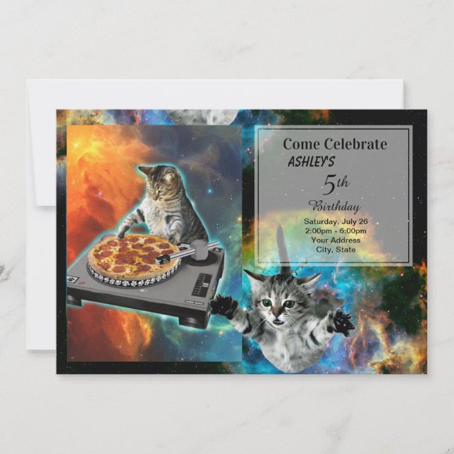 Cat dj disc jockey's sound table invitation (Front)