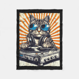 Cat Dj Headphone Turntable Vintage Music Edm Men W Fleece Blanket