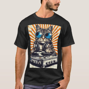 Cat Dj Headphone Turntable Vintage Music Edm Men W T-Shirt