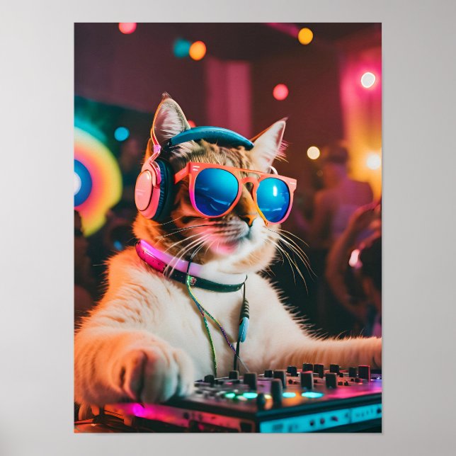 Cat DJ Party Vibes, Cat Lover Gift Poster (Front)