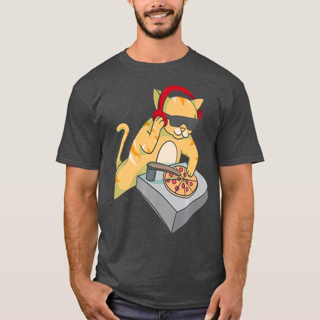 Cat DJ Pizza  Cool Kitty Disc Jockey Funny Music T-Shirt (Front)