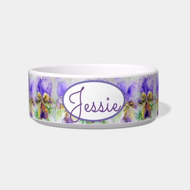 Cat Dog Floral Pastel Viola Purple Dog Pet Name Bowl (Front)