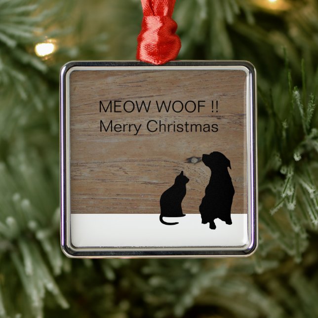 Cat dog illustration silhouettes Christmas Metal Ornament (Tree)