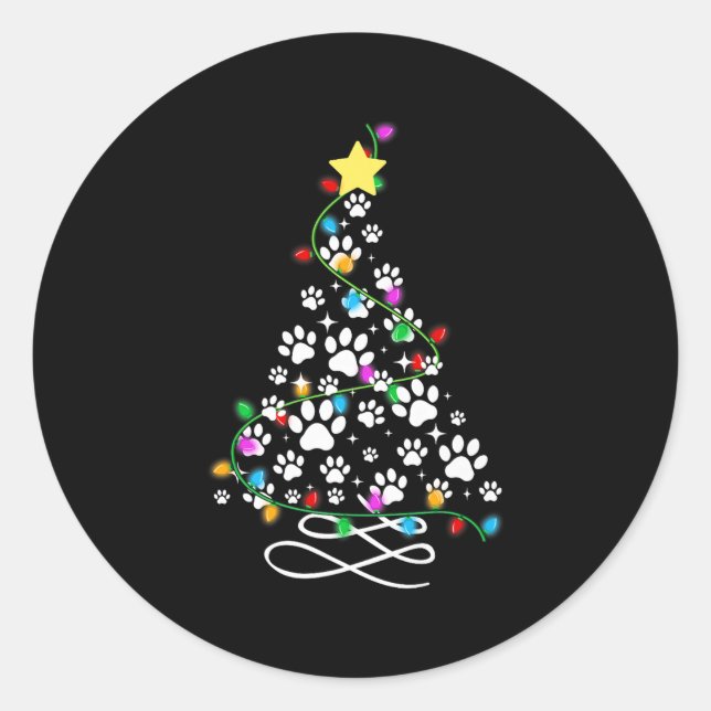Cat Dog Paw Christmas Tree Lights Holiday Santa Fa Classic Round Sticker (Front)