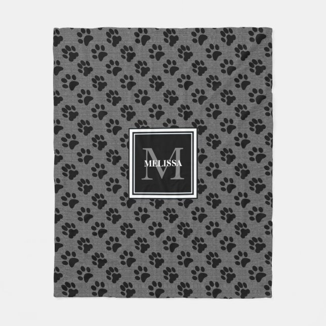 Cat dog paws grey burlap family monogram name fleece blanket (Front)