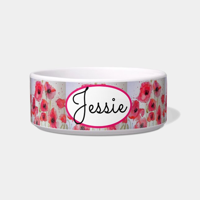 Cat Dog Red Floral Poppy Poppies Pet Name Bowl (Front)
