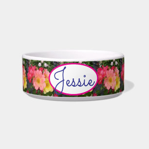 Cat Dog Red Yellow Floral Rose Roses Pet Name Bowl