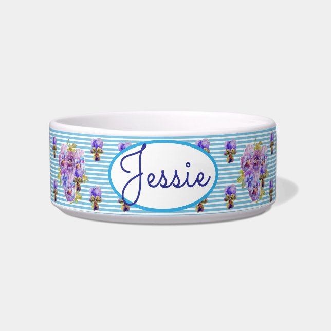 Cat Dog Shabby Floral Pansy Blue Pet Name Bowl (Front)