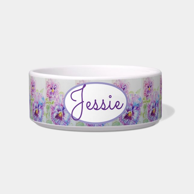 Cat Dog Shabby Floral Pansy Pansies Pet Name Bowl (Front)