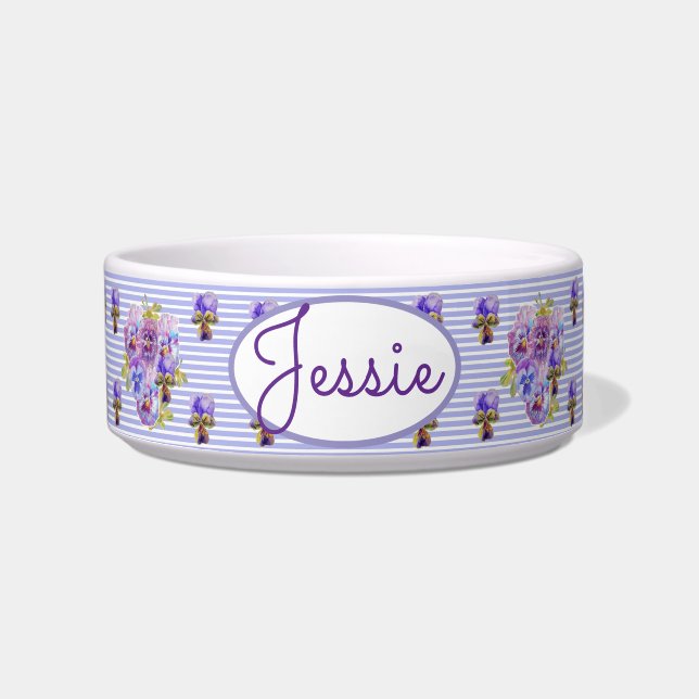 Cat Dog Shabby Floral Pansy Pansies Pet Name Bowl (Front)