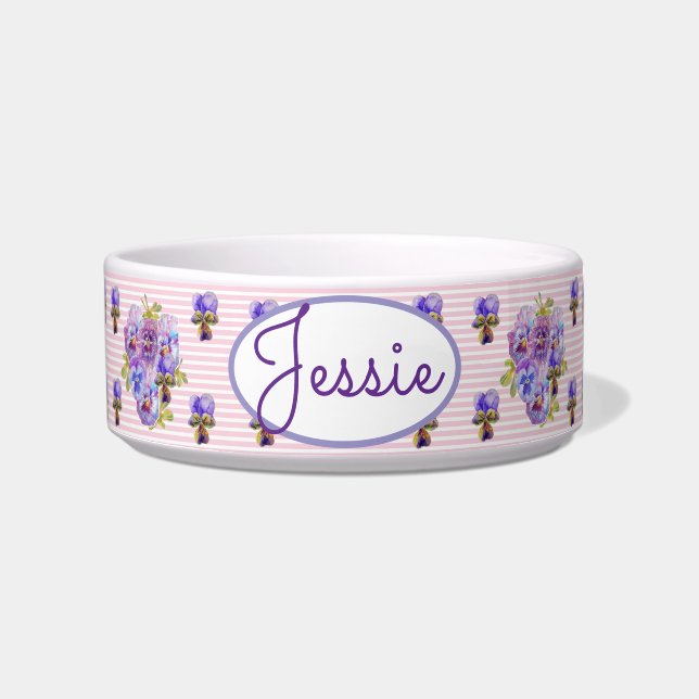 Cat Dog Shabby Floral Pansy Pink Pet Name Bowl (Front)