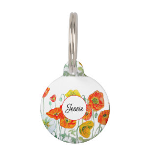 Cat Dog Shabby Floral Poppy Poppies Pet Name Bowl Tag