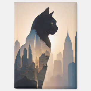 Cat Double Exposure Domestic Pet Animal City Life Magnet