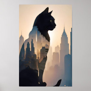Cat Double Exposure Domestic Pet Animal City Life Poster