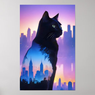 Cat Double Exposure Domestic Pet Animal City Life Poster