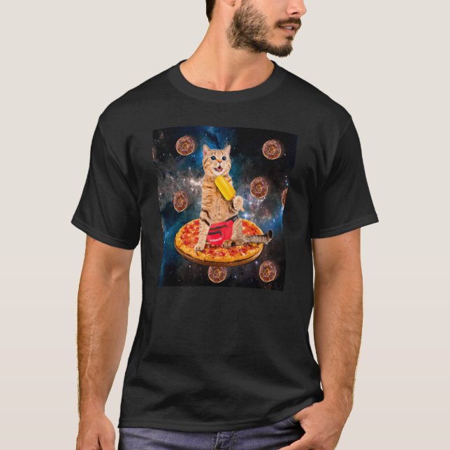 Cat Doughnut Riding Pizza Eating Ice Cream Galaxy  T-Shirt (Front)