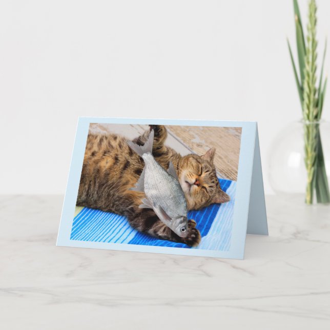 Cat Dreaming Of Fish Birthday Card (Front)