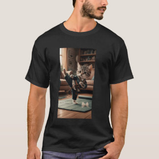 Cat Dressed As Martial Artist Doing High Kick In L T-Shirt