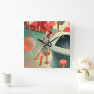 Cat Drinking Beer at Bar Square Wall Clock