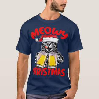 Cat Drinking Beer Funny Santa Hat Christmas Gift T-Shirt