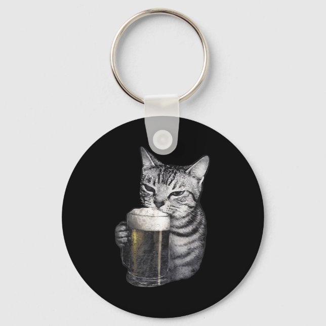 Cat drinking beer  key ring (Front)