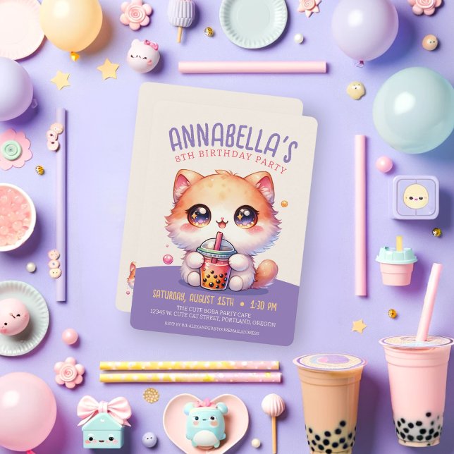 Cat Drinking Boba Cute Bubble Tea Birthday Party Invitation (Creator Uploaded)