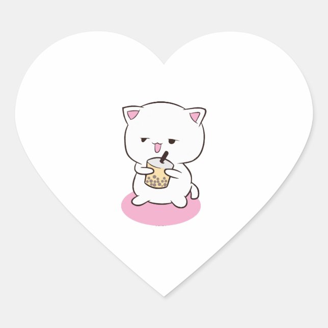 Cat Drinking Boba Milk Heart Sticker (Front)