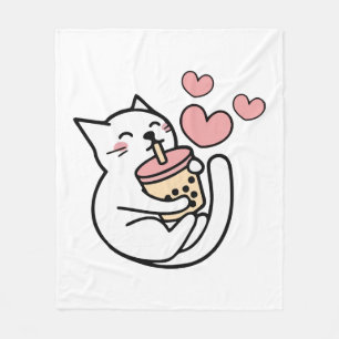 Cat Drinking Boba Milk kitten Fleece Blanket