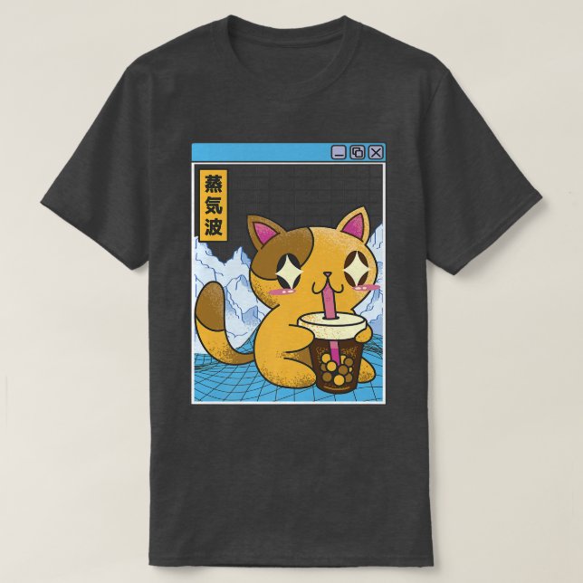 Cat Drinking Bubble Tea Boba Japan Otaku Anime 80s T-Shirt (Design Front)