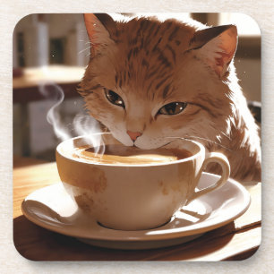 Cat drinking coffee from a cup coaster