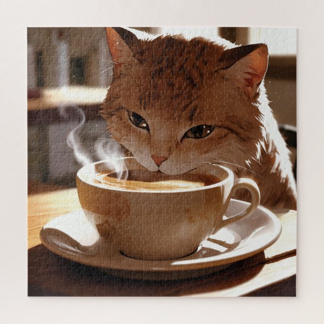 Cat drinking coffee from a cup jigsaw puzzle (Vertical)